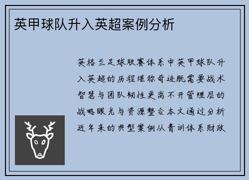 英甲球队升入英超案例分析