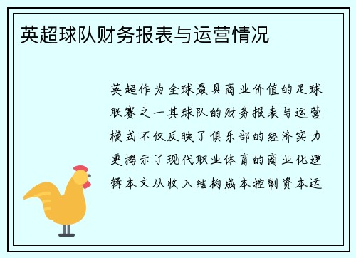 英超球队财务报表与运营情况